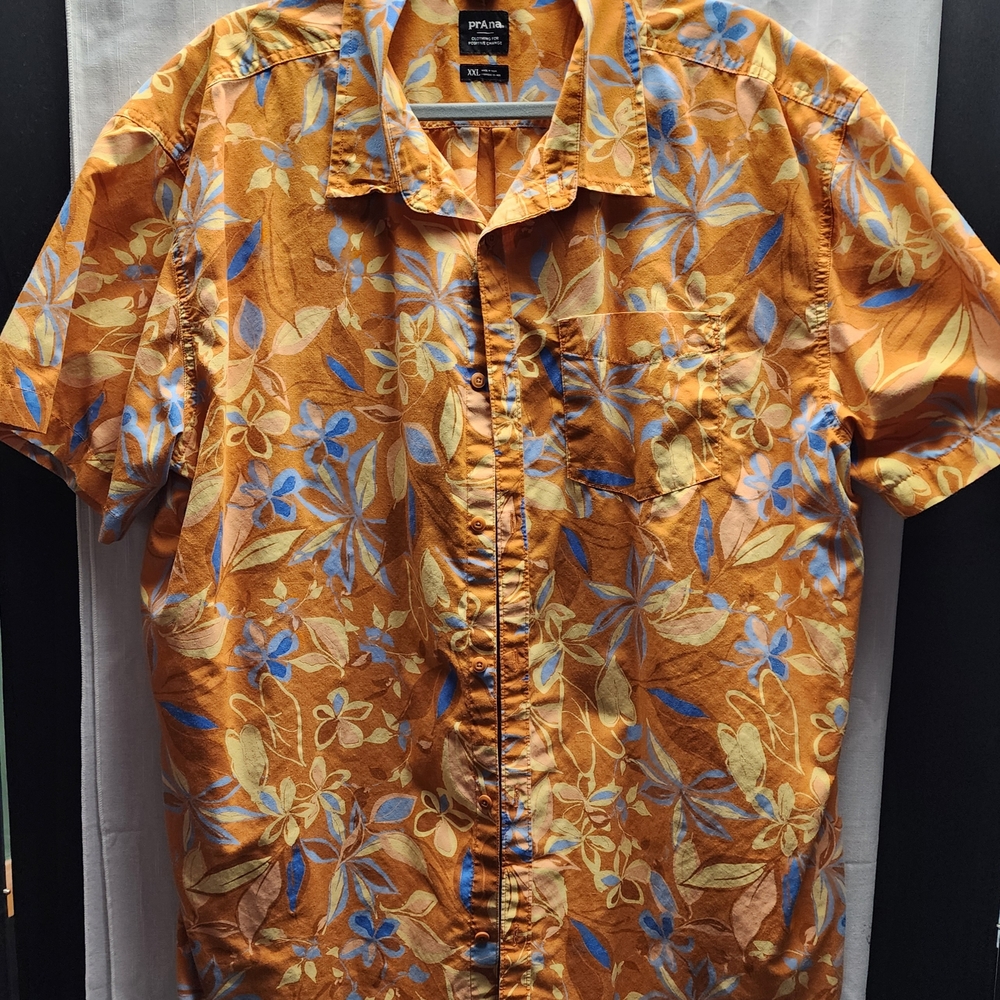Prana Men's Vibrant Orange and Blue Leaf Print Shirt